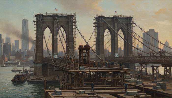 Brooklyn Bridge under construction in New York