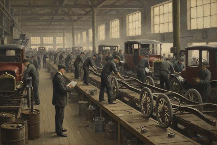 Workers and machinery on an early American automobile assembly line