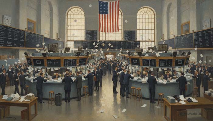 Traders on an early American stock exchange floor