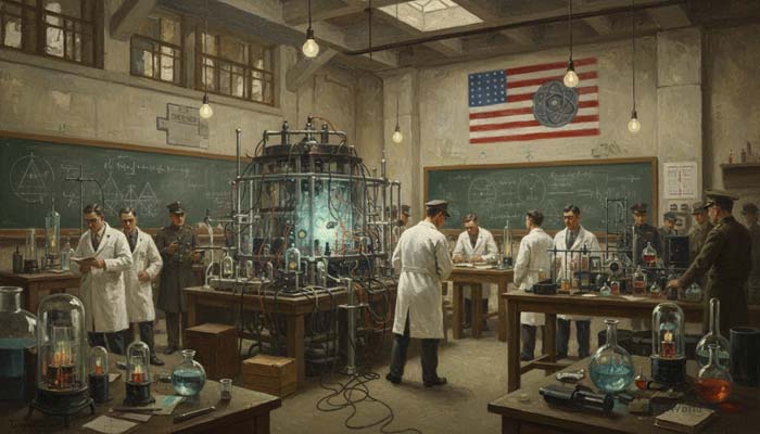 Scientists working in a Manhattan Project laboratory