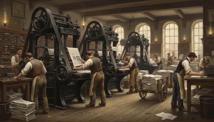 Workers operating machinery in a newspaper press room